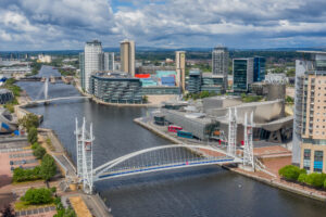 Media City Manchester at Salford Quays england united kingdom, Aerial view looking over the quay on a sunny day